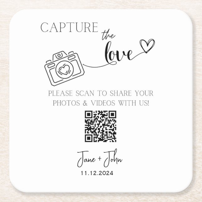 Dessous-de-verre Carré En Papier Photo de mariage personnalisée Code QR Signer Capt (Devant)
