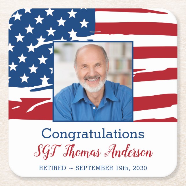 Dessous-de-verre Carré En Papier Photo de retraite militaire drapeau américain patr (Devant)