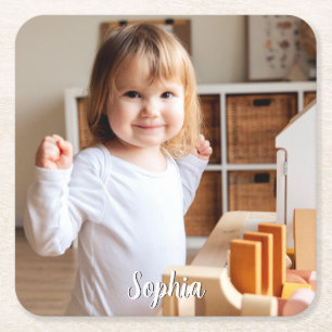 Dessous-de-verre Carré En Papier Photo de votre enfant et nom en écriture