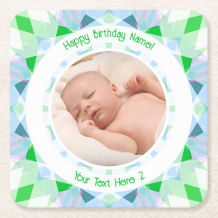 Dessous-de-verre Carré En Papier Photo personnalisée Nom Age bleu vert Anniversaire