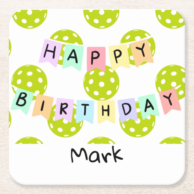 Dessous-de-verre Carré En Papier Pickleball avec bannière d'anniversaire heureuse (Devant)
