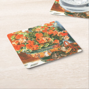 Dessous-de-verre Carré En Papier Pierre-Auguste Renoir Geraniums Et Chats