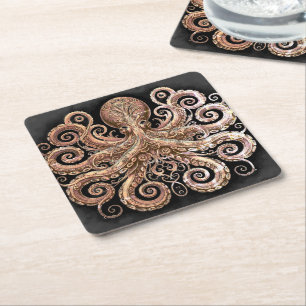 Dessous-de-verre Carré En Papier Pieuvre Steampunk Kraken Ornée Or Noir