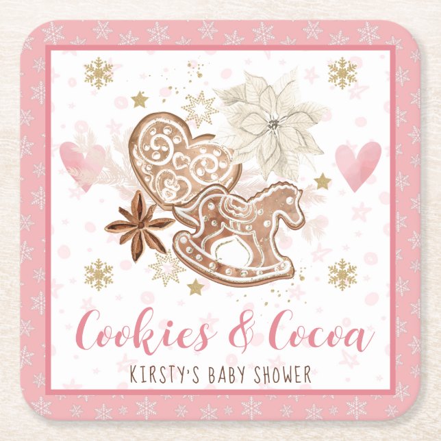Dessous-de-verre Carré En Papier Pink Cookies and Cocoa Baby Shower (Devant)