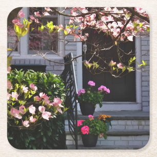 Dessous-de-verre Carré En Papier Pink Dogwood and Pots of Geraniums