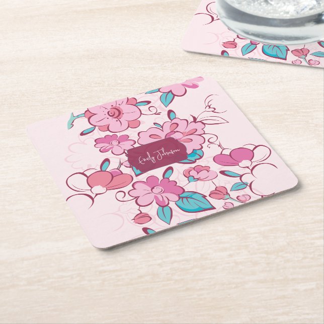Dessous-de-verre Carré En Papier Pink Floral Blossom Script Name Paper Coaster (Incliné)