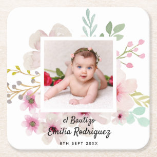 Dessous-de-verre Carré En Papier Pink Floral Rose PHOTO BAUTIZO Baptism Girls Named