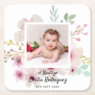 Dessous-de-verre Carré En Papier Pink Floral Rose PHOTO BAUTIZO Baptism Girls Named