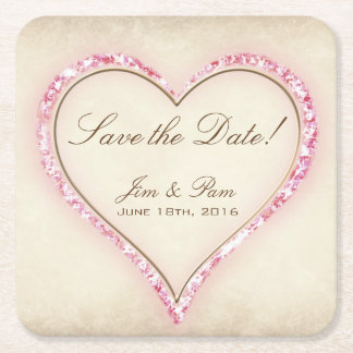 Dessous-de-verre Carré En Papier Pink Flower Heart Enregistrer la date