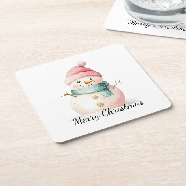 Dessous-de-verre Carré En Papier Pink Mint Christmas Snowman (Incliné)
