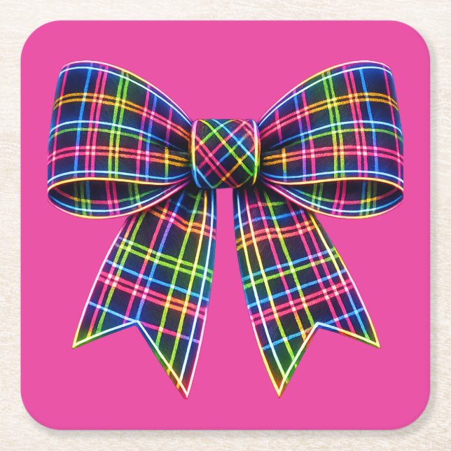 Dessous-de-verre Carré En Papier Pink Neon Bow Tartan Ribbon Scottish Cute (Devant)