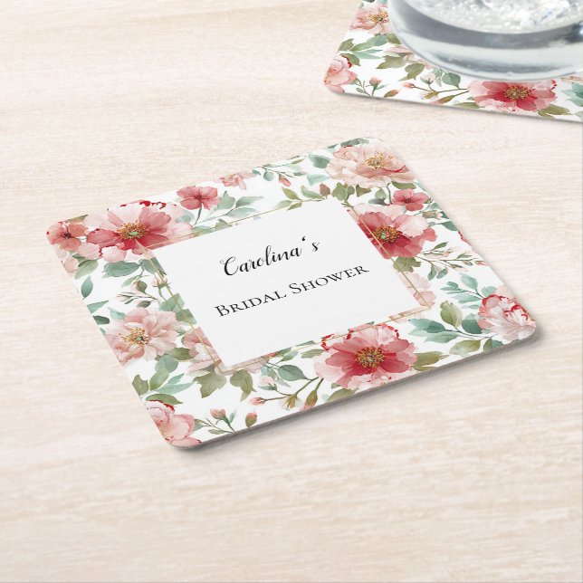 Dessous-de-verre Carré En Papier Pink Red Flowers Bridal Shower   (Incliné)