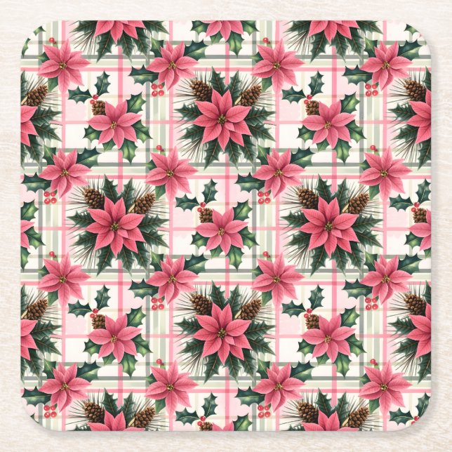 Dessous-de-verre Carré En Papier Pink Retro Noël Floral Plaid Joyeux Noël (Devant)