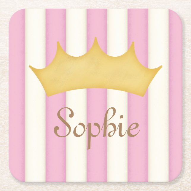 Dessous-de-verre Carré En Papier Pink Stripes Nom personnalisé Princess Crown (Devant)