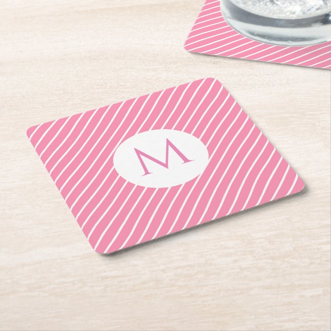 Dessous-de-verre Carré En Papier Pink White Stripes tendance Monogramme moderne Mod (Incliné)