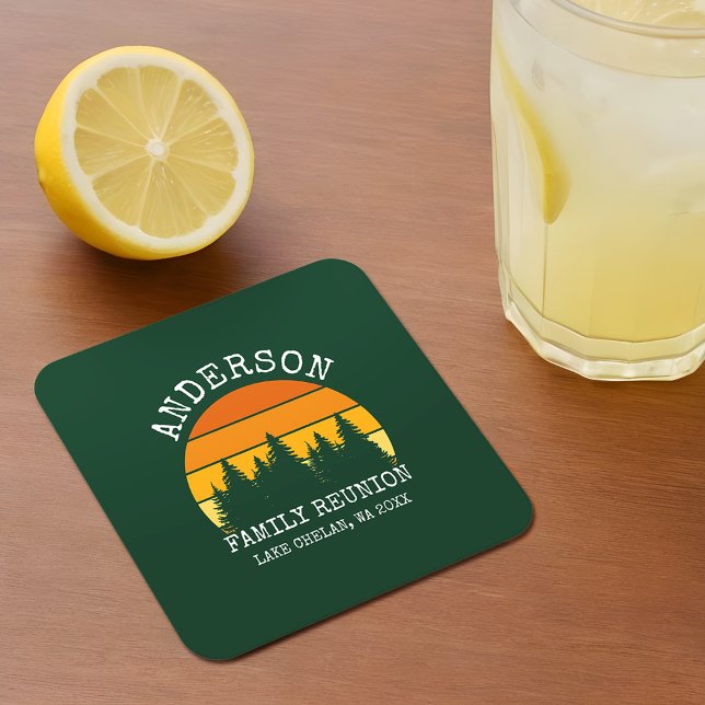Dessous-de-verre Carré En Papier Pins de Réunion Famille Sunset Green (Customize to change text size or text style.)