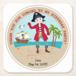 Dessous-de-verre Carré En Papier Pirate kid birthday<br><div class="desc">This product is for kids that love pirates and piracy stories. It feesta cute little pirate boy that has arrived on this island with palm trees. There's a pirate ship in the horizon waiting for him to return with a treasure! Seagulls are watching. This product is ideal for a pirate...</div>