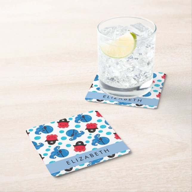 Dessous-de-verre Carré En Papier Pirate Octopus, Motif Octopus, Mer, Votre Nom (En situation)