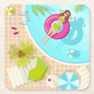 Dessous-de-verre Carré En Papier Piscine fille en bikini plage d'été