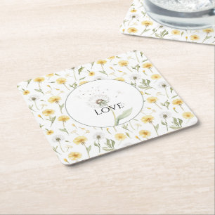 Dessous-de-verre Carré En Papier Pissenlits Fleurs Jaunes Blanches Amour Mariage