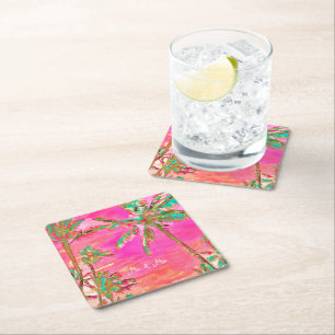 Dessous-de-verre Carré En Papier PixDezines Vintage Hawaïen Plage/Rose/Teal