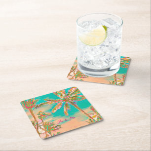 Dessous-de-verre Carré En Papier PixDezines Vintage Hawaïen Plage/Turquoise