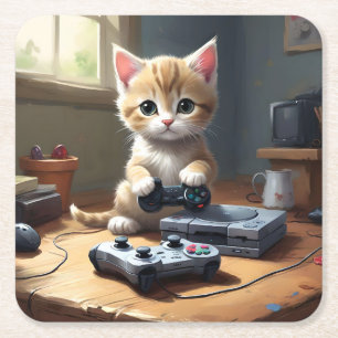 Dessous-de-verre Carré En Papier "Pixel Paws : The Gamer Kitten in Action"
