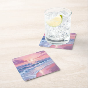 Dessous-de-verre Carré En Papier Plage de barbe à papa Peinture de vagues océaniq