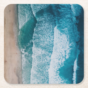 Dessous-de-verre Carré En Papier Plage de sable des vagues de l'océan bleu