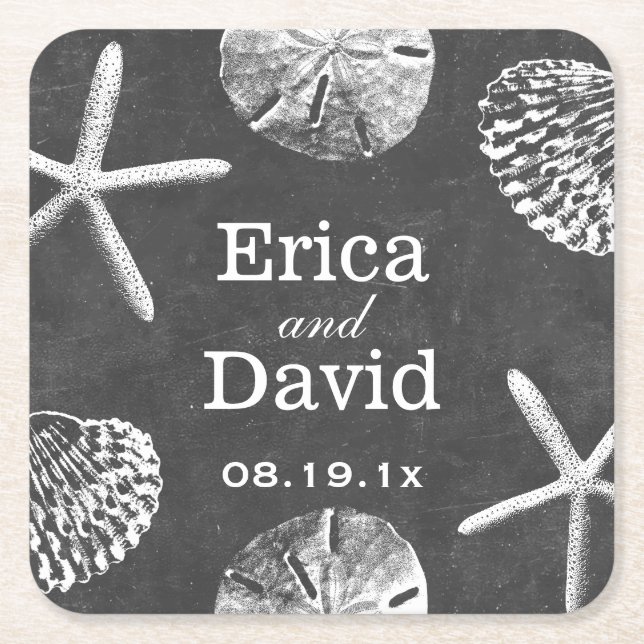 Dessous-de-verre Carré En Papier Plage Mariage Starfish & Seashells Chalkboard (Devant)