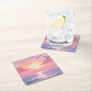 Dessous-de-verre Carré En Papier Plage rose Aquarelle côtière de coucher de solei
