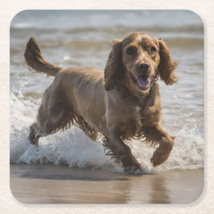 Dessous-de-verre Carré En Papier "Plaisir de bord de mer : Un Cocker Spaniel Play d
