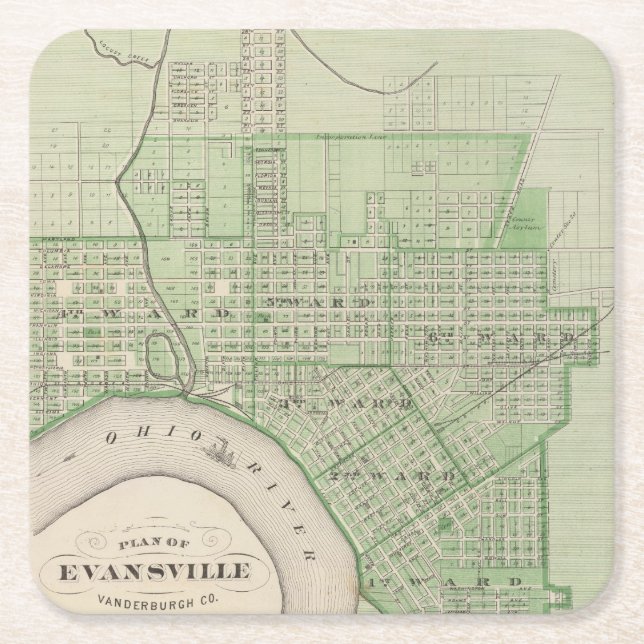 Dessous-de-verre Carré En Papier Plan d'Evansville, Vanderburgh Co (Devant)