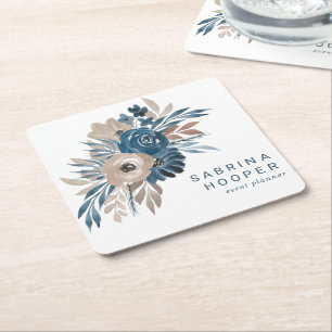 Dessous-de-verre Carré En Papier Planificateur d'événement floral aquarelle Indigo 