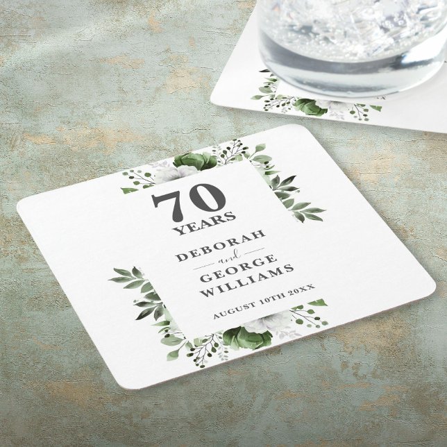 Dessous-de-verre Carré En Papier Platinum Elegant Floral 70e anniversaire Mariage (Platinum Elegant Floral 70th Wedding Anniversary Square Paper Coaster)