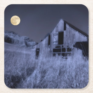Dessous-de-verre Carré En Papier Pleine lune au-dessus   Vieille grange patinée