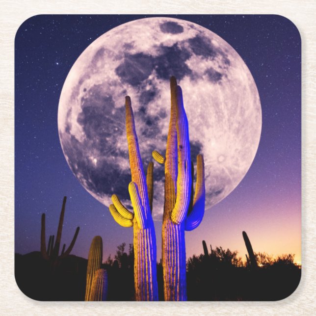 Dessous-de-verre Carré En Papier Pleine lune sur le Saguaro Cactus (Devant)