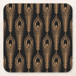 Dessous-de-verre Carré En Papier Plumes de paon, motif oriental de luxe.<br><div class="desc">Motif de luxe à plumes de paon sans couture. Fond royal noir or oriental. Conception indienne pour papier d'emballage cadeau,  beauté spa,  fond d'écran yoga,  mariage,  fête d'anniversaire,  décoration.</div>