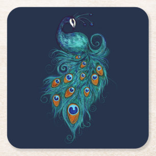 Dessous-de-verre Carré En Papier Plumes de paon Peacocks Turquoises