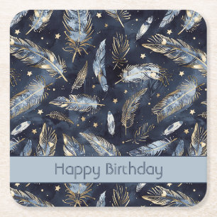 Dessous-de-verre Carré En Papier Plumes Étoiles Anniversaire Or Bleu