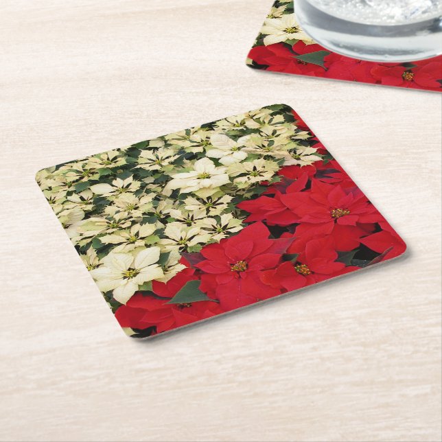 Dessous-de-verre Carré En Papier Poinsettias blanches et rouges I Holiday Floral (Incliné)