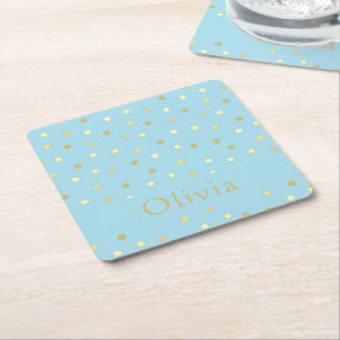 Dessous-de-verre Carré En Papier Points Confetti en or Pastel Blue Personnalisés