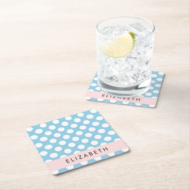 Dessous-de-verre Carré En Papier Pois Bleus, Motif Polka Dot, Votre Nom (En situation)