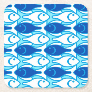 Dessous-de-verre Carré En Papier Poisson moderne du milieu du siècle, bleu cobalt