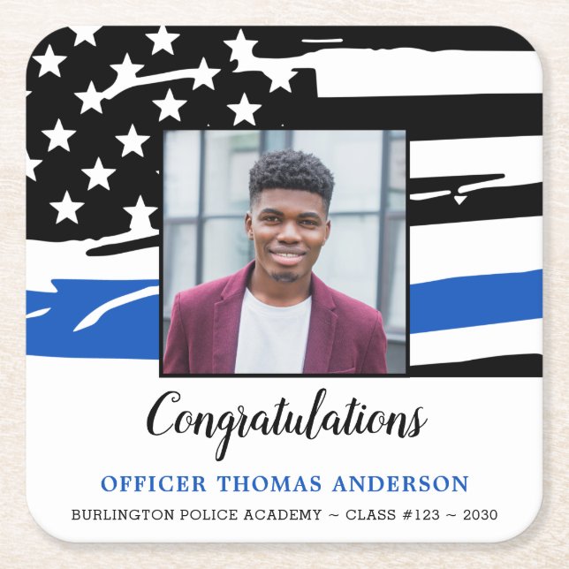 Dessous-de-verre Carré En Papier Police Graduation Party Photo Ligne Bleue Mince (Devant)