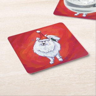 Dessous-de-verre Carré En Papier Poméranien blanc à Santa Hat en rouge