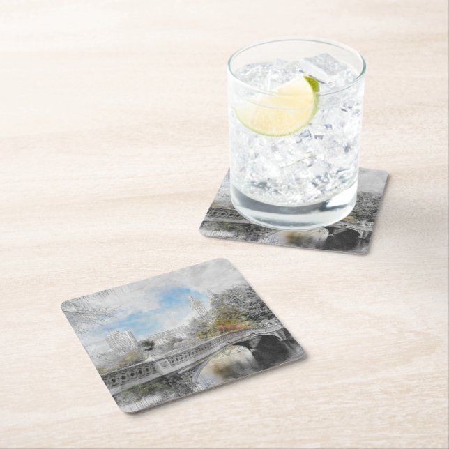 Dessous-de-verre Carré En Papier Pont aquarelle à Central Park New York (En situation)