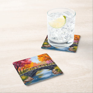 Dessous-de-verre Carré En Papier Pont d'automne Feuillage d'automne Aquarelle Natur