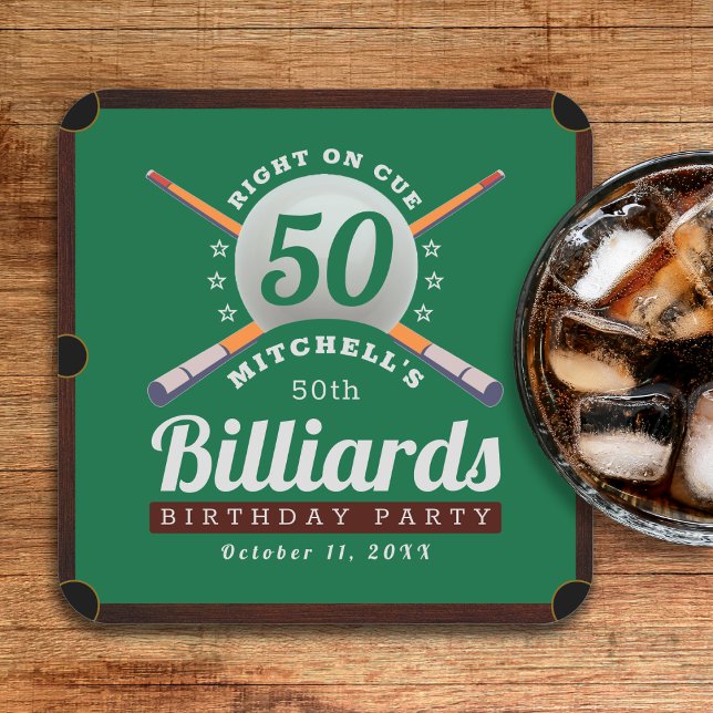 Dessous-de-verre Carré En Papier Pool Billard 50e anniversaire fête (Pool Billiards 50th Birthday Party Square Paper Coaster
)