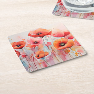 Dessous-de-verre Carré En Papier Poppies d'aquarelle rouge dans un champ